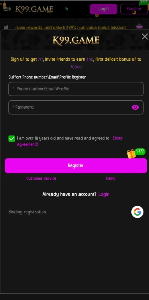 k99 game register and login